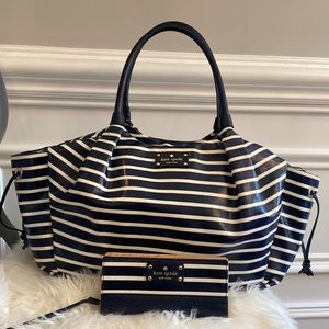 Kate Spade Navy & White Stripe Watson Lane Stevie Baby Bag & Matching Wallet